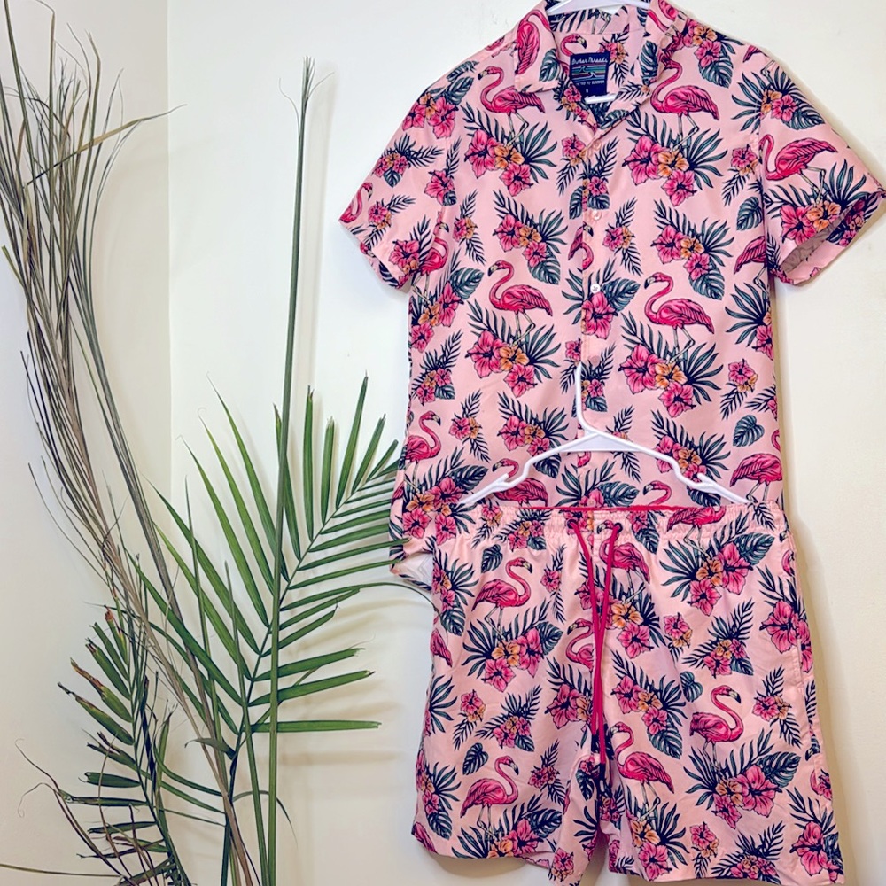 Men’s two piece swim trunks and button up shirt - pink flamingo print